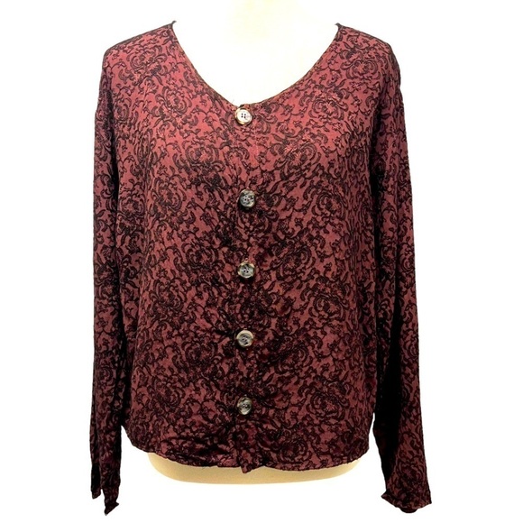 CP Shades Tops - CP Shades Maroon & Black Printed Long Sleeve Button Front Shirt Women’s Medium